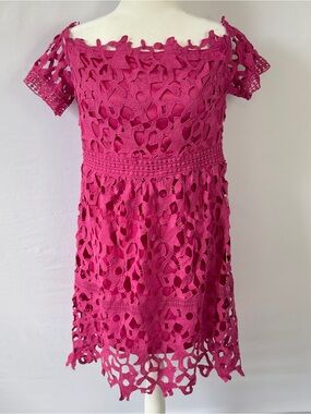 Bellanblue Women’s XL Magenta Crochet Lace Off Shoulder Mini Dress Boho